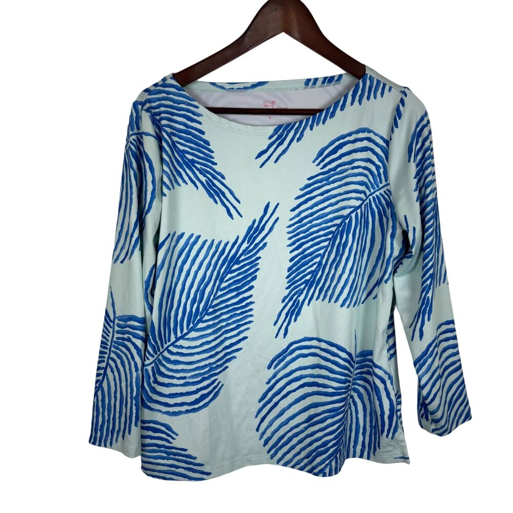 Vineyard Vines Leaf Print Blue Green 3/4 Sleeve Blouse Top Women's Large